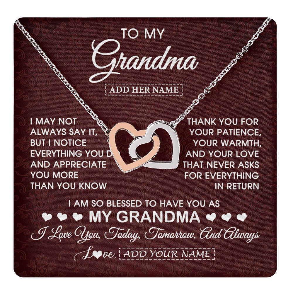 Interlocking Hearts Necklace Stainless Steel & Rose Gold Finish | 1 | Personalized To My Grandma Gifts From Granddaughter Necklace Meaningful Jewelry Pendant Gifts For Grandma Mothers Day Birthday Christmas Gift Box Message Card | https://teecentury.