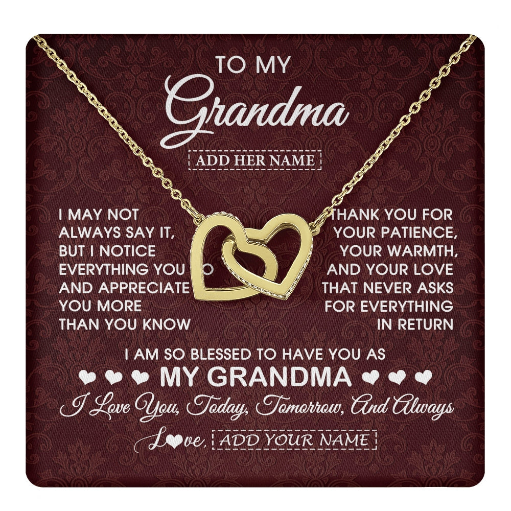 Interlocking Hearts Necklace 18K Yellow Gold Finish | 1 | Personalized To My Grandma Gifts From Granddaughter Necklace Meaningful Jewelry Pendant Gifts For Grandma Mothers Day Birthday Christmas Gift Box Message Card | https://teecentury.
