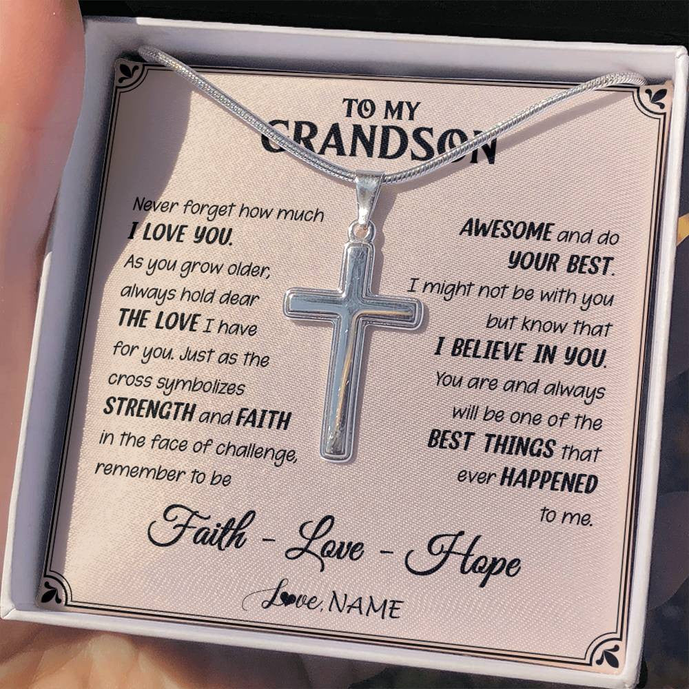 Stainless Cross Necklace Stainless Steel | 2 | Personalized To My Grandson Cross Necklace From Grandpa Grandpa Strength And Faith Grandson Birthday Christmas Graduation Customized Gift Box Message Card | teecentury
