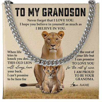 Cuban Link Chain Necklace Stainless Steel | 1 | Personalized To My Grandson Cuban Necklace From Grandma Never Forget That I Love You Lion Grandson Birthday Christmas Customized Gift Box Message Card | teecentury