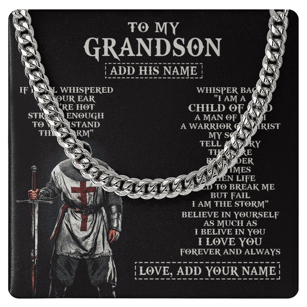 Cuban Link Chain Necklace Stainless Steel | 1 | Personalized To My Grandson From Grandpa Grandma Necklace I Am The Storm Knight Templar Birthday Gifts For Grandson Christian Christmas Gift Box Message Card | https://teecentury.