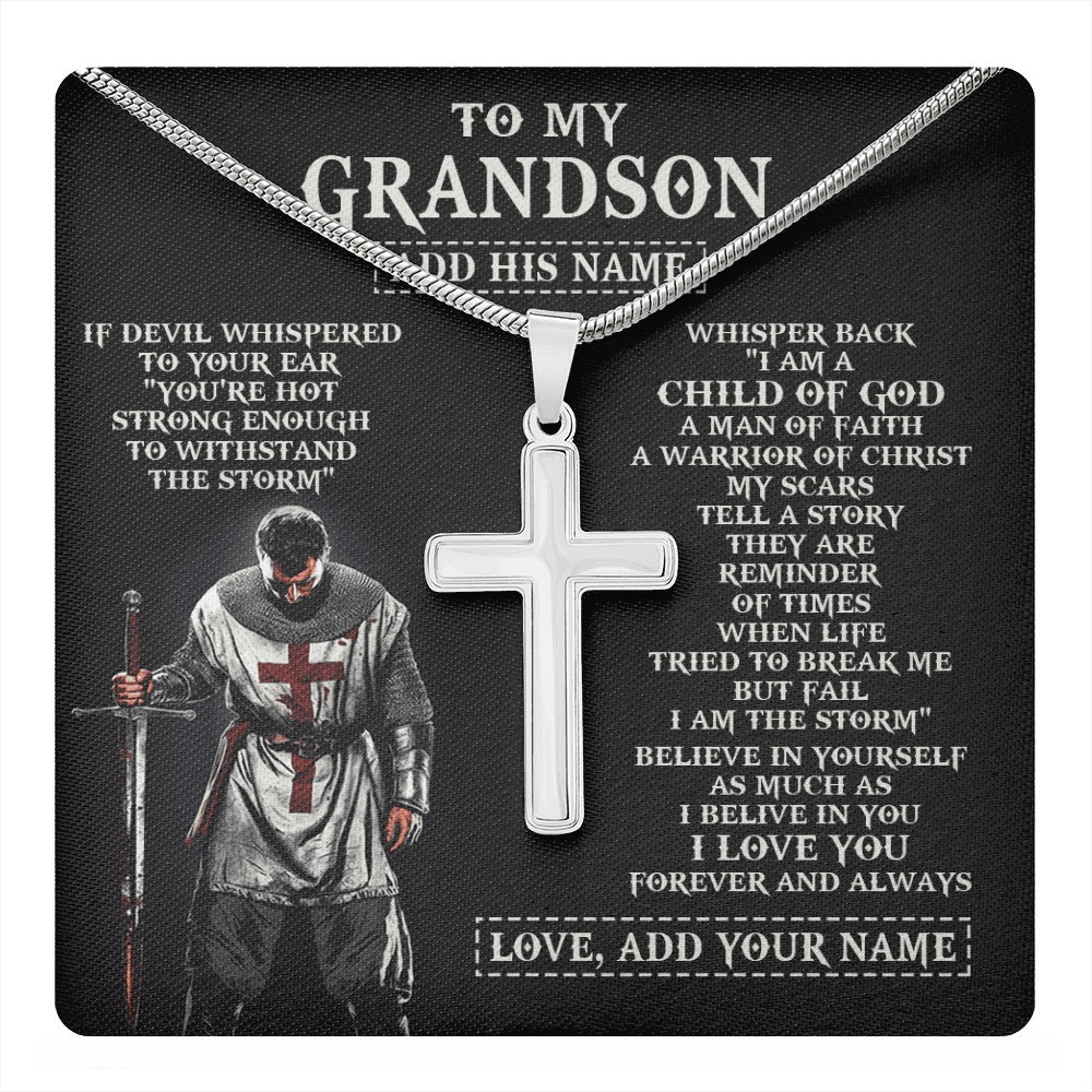 Stainless Cross Necklace Stainless Steel | 1 | Personalized To My Grandson From Grandpa Grandma Necklace I Am The Storm Knight Templar Birthday Gifts For Grandson Christian Christmas Gift Box Message Card | https://teecentury.
