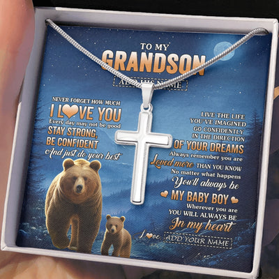 Stainless Cross Necklace Stainless Steel | 2 | Personalized To My Grandson Gifts From Grandma Grandpa Necklace Bear Never Forget How Much I Love You Grandson Birthday Christmas Custom Gift Box Message Card | teecentury.myshopify