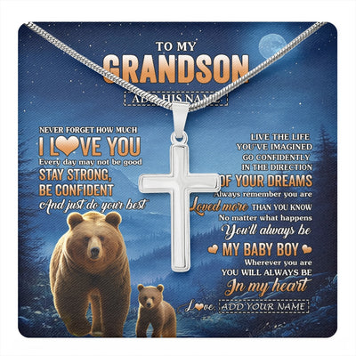Stainless Cross Necklace Stainless Steel | 1 | Personalized To My Grandson Gifts From Grandma Grandpa Necklace Bear Never Forget How Much I Love You Grandson Birthday Christmas Custom Gift Box Message Card | teecentury.myshopify