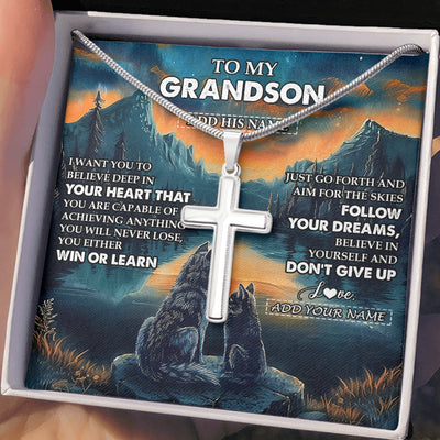 Stainless Cross Necklace Stainless Steel | 2 | Personalized To My Grandson Gifts From Grandma Grandpa Necklace Don't Give Up Wolf Gifts For Grandson Birthday Graduation Christmas Gift Box Message Card | teecentury