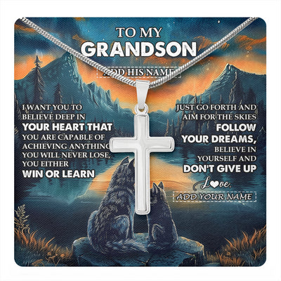 Stainless Cross Necklace Stainless Steel | 1 | Personalized To My Grandson Gifts From Grandma Grandpa Necklace Don't Give Up Wolf Gifts For Grandson Birthday Graduation Christmas Gift Box Message Card | teecentury
