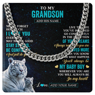 Cuban Link Chain Necklace Stainless Steel | 1 | Personalized To My Grandson Gifts From Grandma Grandpa Necklace White Tiger Never Forget How Much I Love You Grandson Birthday Christmas Gift Box Message Card | teecentury.myshopify