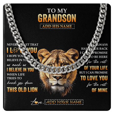 Cuban Link Chain Necklace Stainless Steel | 1 | Personalized To My Grandson Gifts From Grandma Nana Necklace Old Lion Love You Grandson Birthday Gifts Graduation Christmas Custom Gift Box Message Card | teecentury.myshopify