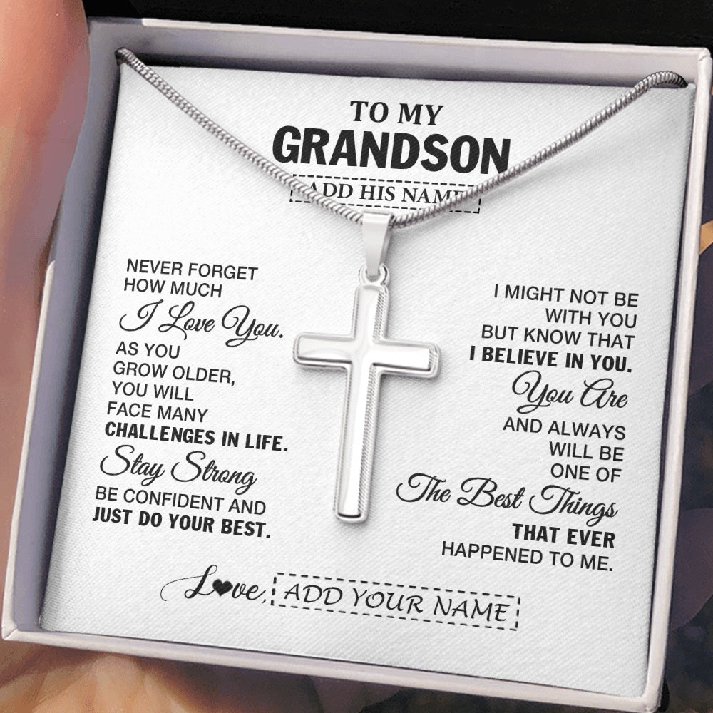 Stainless Cross Necklace Stainless Steel | 2 | Personalized To My Grandson Gifts From Grandma Necklace I Love You Thoughtful Keepsake Gift For Grandson Birthday Graduation Christmas Gift Box Message Card | https://teecentury.