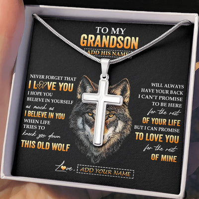 Stainless Cross Necklace Stainless Steel | 2 | Personalized To My Grandson Gifts From Grandpa Grandma Necklace Old Wolf Love You Grandson Birthday Gifts Graduation Christmas Custom Gift Box Message Card | teecentury