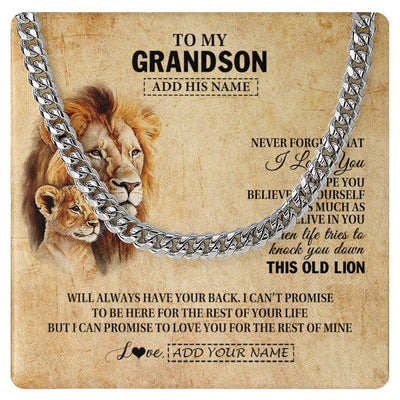 Cuban Link Chain Necklace Stainless Steel | 1 | Personalized To My Grandson Gifts From Grandpa Papa Lion Necklace I Love You Grandson Birthday Gifts Graduation Christmas Customized Gift Box Message Card | teecentury.myshopify