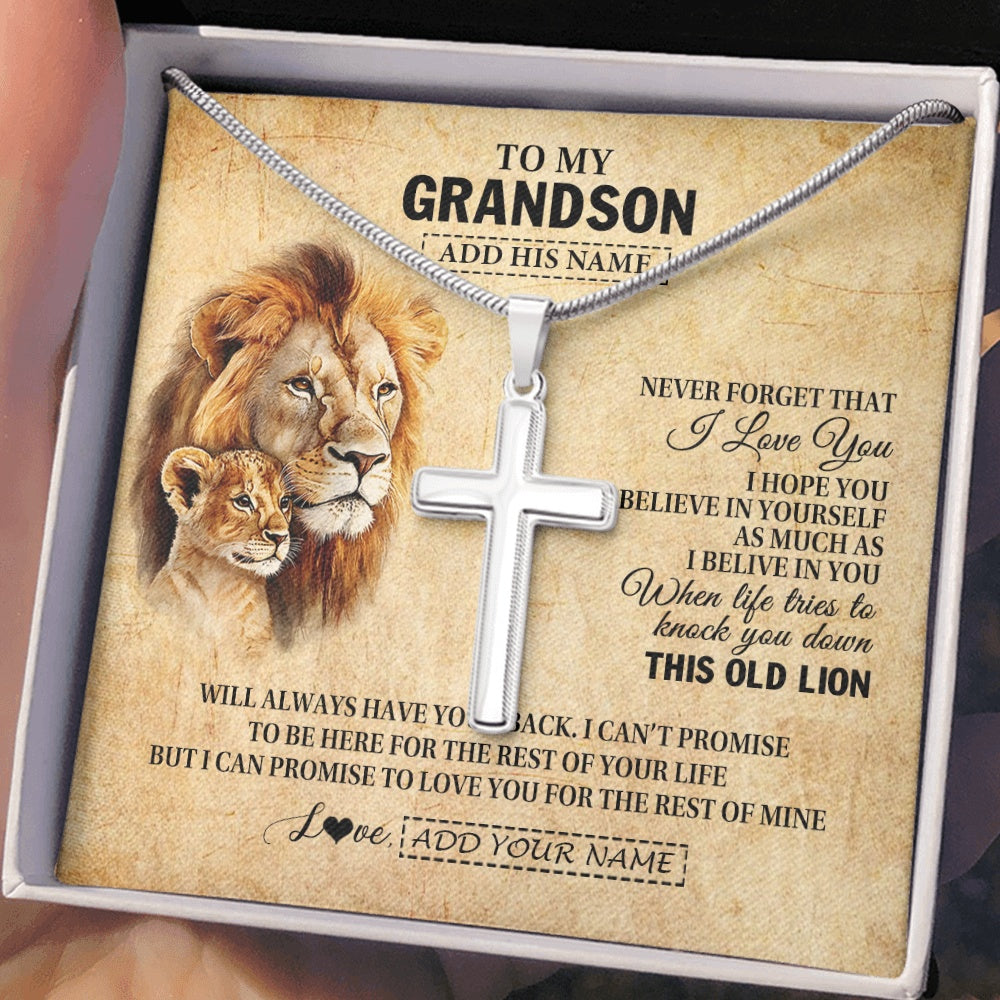 Stainless Cross Necklace Stainless Steel | 2 | Personalized To My Grandson Gifts From Grandpa Papa Lion Necklace I Love You Grandson Birthday Gifts Graduation Christmas Customized Gift Box Message Card | teecentury.myshopify