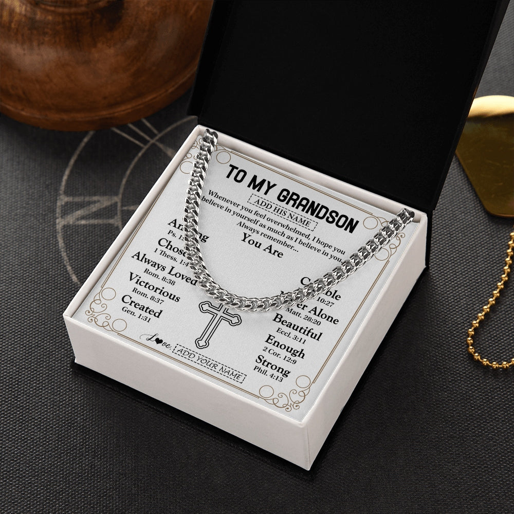 Cuban Link Chain Necklace Stainless Steel | 2 | Personalized To My Grandson Gifts Necklace From Grandma Grandpa Christ Christian Gifts For Grandson Birthday Christmas Graduation Gift Box Message Card | https://teecentury.