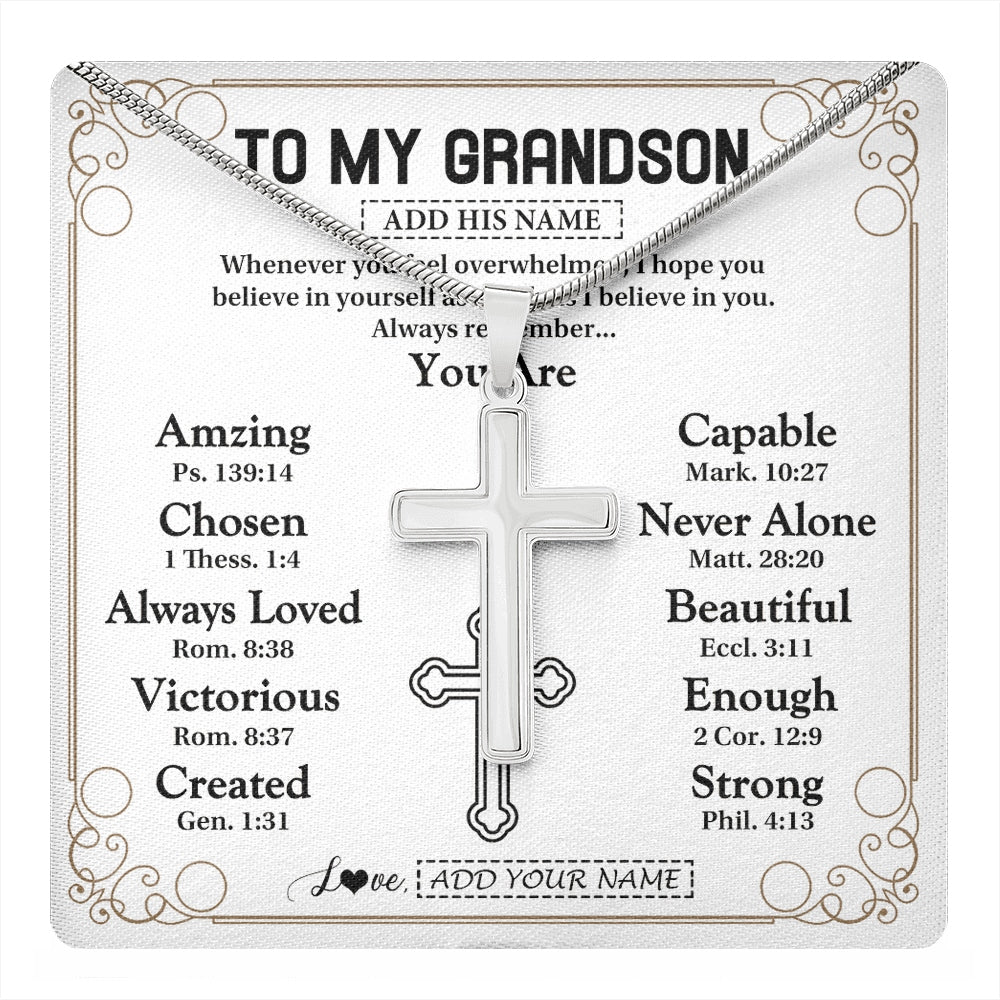 Stainless Cross Necklace Stainless Steel | 1 | Personalized To My Grandson Gifts Necklace From Grandma Grandpa Christ Christian Gifts For Grandson Birthday Christmas Graduation Gift Box Message Card | https://teecentury.