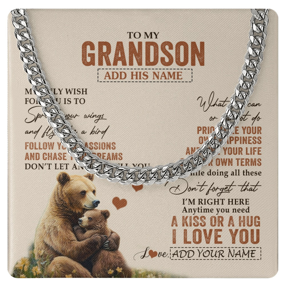 Cuban Link Chain Necklace Stainless Steel | 1 | Personalized To My Grandson Gifts Necklace From Grandma Papa Bear My Only Wish For You Grandson Birthday Gifts Graduation Christmas Gift Box Message Card | teecentury.myshopify