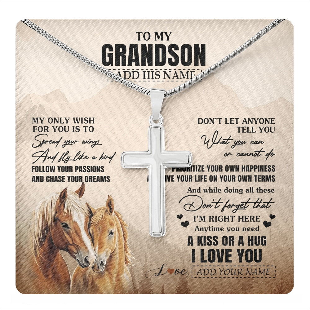 Stainless Cross Necklace Stainless Steel | 1 | Personalized To My Grandson Gifts Necklace From Grandma Papa Horse My Only Wish For You Grandson Birthday Gifts Graduation Christmas Gift Box Message Card | https://teecentury.