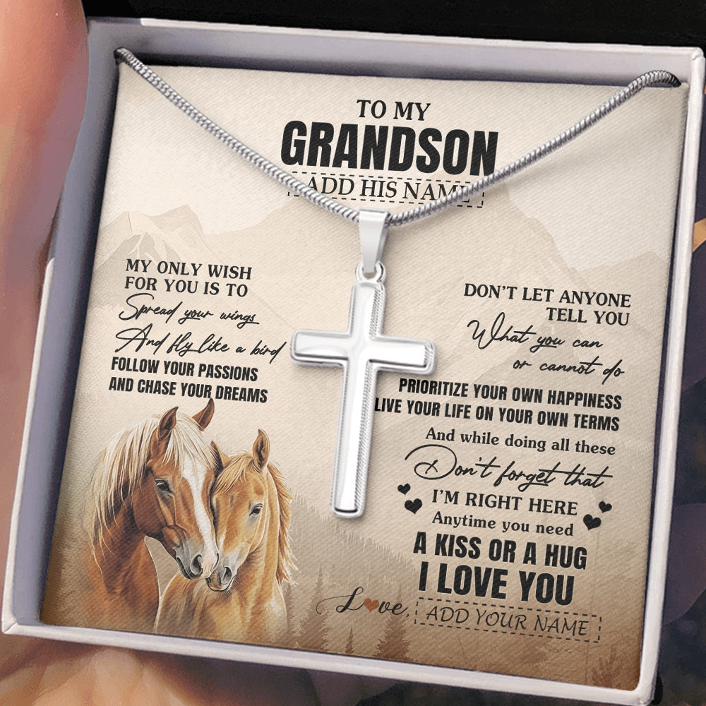 Stainless Cross Necklace Stainless Steel | 2 | Personalized To My Grandson Gifts Necklace From Grandma Papa Horse My Only Wish For You Grandson Birthday Gifts Graduation Christmas Gift Box Message Card | https://teecentury.