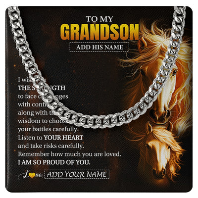 Cuban Link Chain Necklace Stainless Steel | 1 | Personalized To My Grandson Gifts Necklace From Grandma Papa I Wish You The Strength Horse Grandson Birthday Gifts Christmas Graduation Gift Box Message Card | https://teecentury.