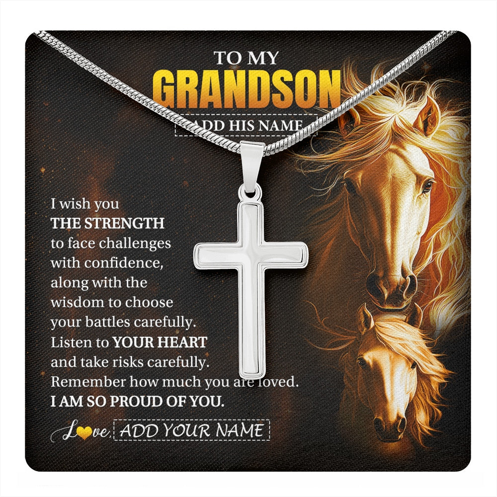 Stainless Cross Necklace Stainless Steel | 1 | Personalized To My Grandson Gifts Necklace From Grandma Papa I Wish You The Strength Horse Grandson Birthday Gifts Christmas Graduation Gift Box Message Card | https://teecentury.