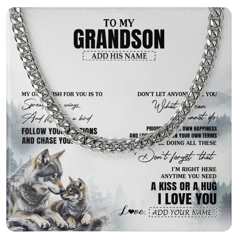 Cuban Link Chain Necklace Stainless Steel | 1 | Personalized To My Grandson Gifts Necklace From Grandma Papa Wolf My Only Wish For You Grandson Birthday Gifts Graduation Christmas Gift Box Message Card | https://teecentury.