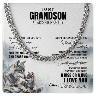 Cuban Link Chain Necklace Stainless Steel | 1 | Personalized To My Grandson Gifts Necklace From Grandma Papa Wolf My Only Wish For You Grandson Birthday Gifts Graduation Christmas Gift Box Message Card | https://teecentury.