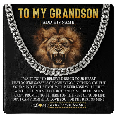 Cuban Link Chain Necklace Stainless Steel | 1 | Personalized To My Grandson Gifts Necklace From Grandpa Grandma Believe In Your Heart Lion Grandson Birthday Gifts Graduation Christmas Gift Box Message Card | https://teecentury.