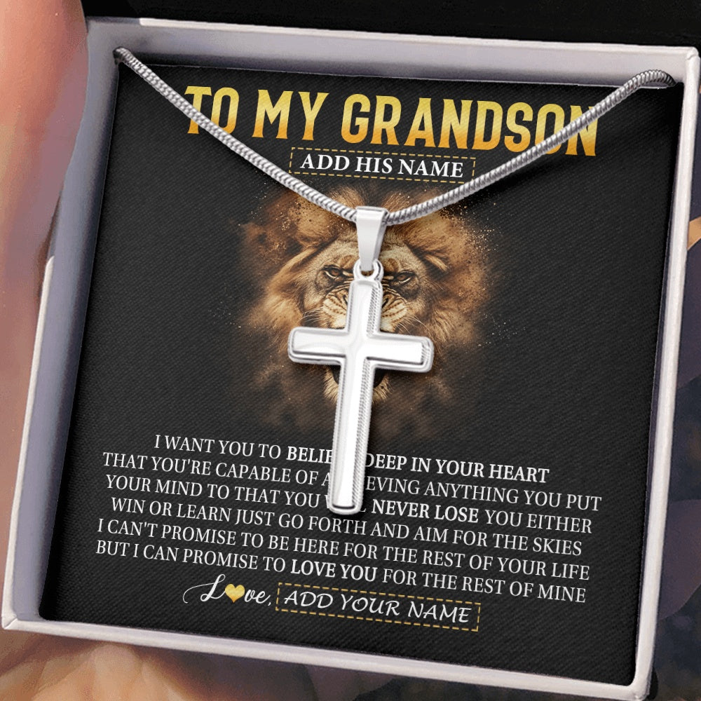 Stainless Cross Necklace Stainless Steel | 2 | Personalized To My Grandson Gifts Necklace From Grandpa Grandma Believe In Your Heart Lion Grandson Birthday Gifts Graduation Christmas Gift Box Message Card | https://teecentury.