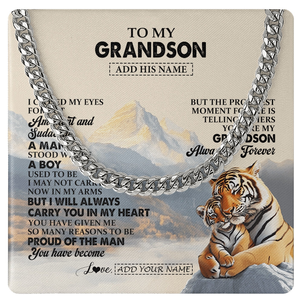 Cuban Link Chain Necklace Stainless Steel | 1 | Personalized To My Grandson Gifts Necklace Tiger From Grandma Grandpa You Are My Grandson Birthday Gifts Graduation Christmas Custom Gift Box Message Card | https://teecentury.