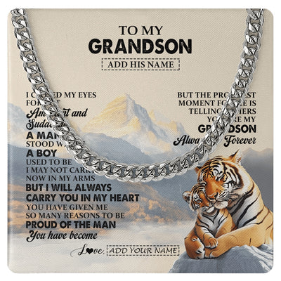 Cuban Link Chain Necklace Stainless Steel | 1 | Personalized To My Grandson Gifts Necklace Tiger From Grandma Grandpa You Are My Grandson Birthday Gifts Graduation Christmas Custom Gift Box Message Card | https://teecentury.