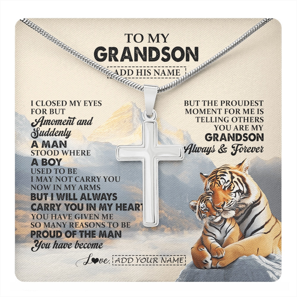 Stainless Cross Necklace Stainless Steel | 1 | Personalized To My Grandson Gifts Necklace Tiger From Grandma Grandpa You Are My Grandson Birthday Gifts Graduation Christmas Custom Gift Box Message Card | https://teecentury.