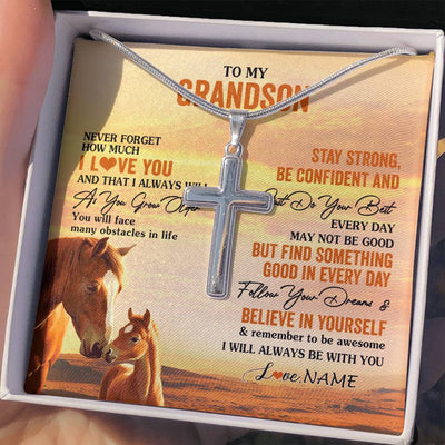 Stainless Cross Necklace Stainless Steel | 2 | Personalized To My Grandson I Love You Forever Necklace From Grandma Grandpa Horse Grandson Birthday Graduation Christmas Customized Gift Box Message Card | teecentury