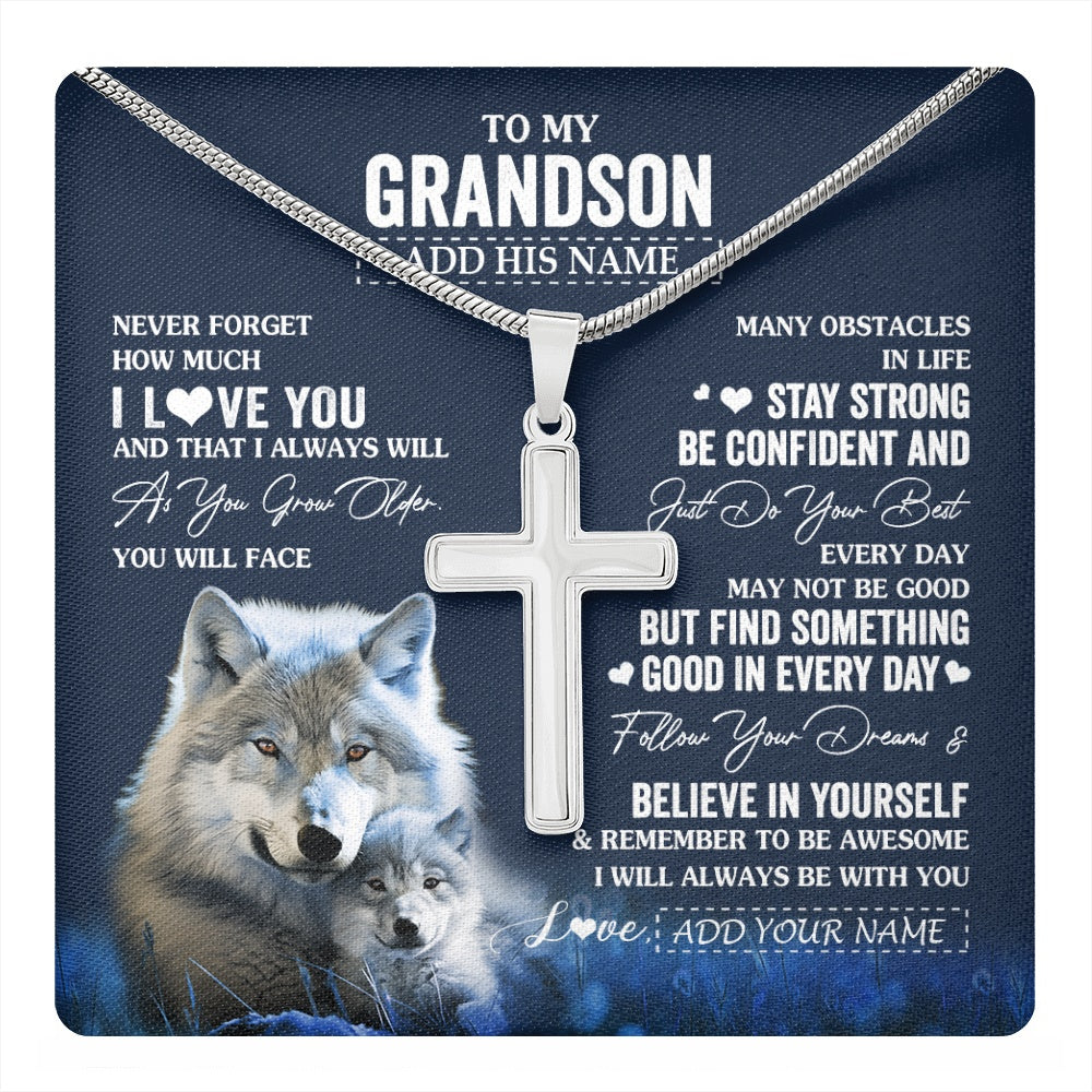 Stainless Cross Necklace Stainless Steel | 1 | Personalized To My Grandson I Love You Forever Necklace From Grandma Grandpa Wolf Grandson Birthday Gifts Graduation Christmas Custom Gift Box Message Card | teecentury.myshopify