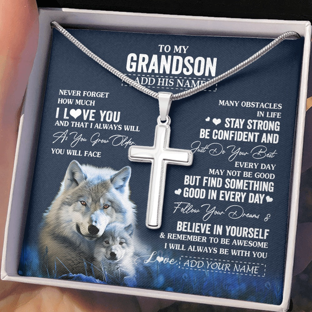 Stainless Cross Necklace Stainless Steel | 2 | Personalized To My Grandson I Love You Forever Necklace From Grandma Grandpa Wolf Grandson Birthday Gifts Graduation Christmas Custom Gift Box Message Card | teecentury.myshopify
