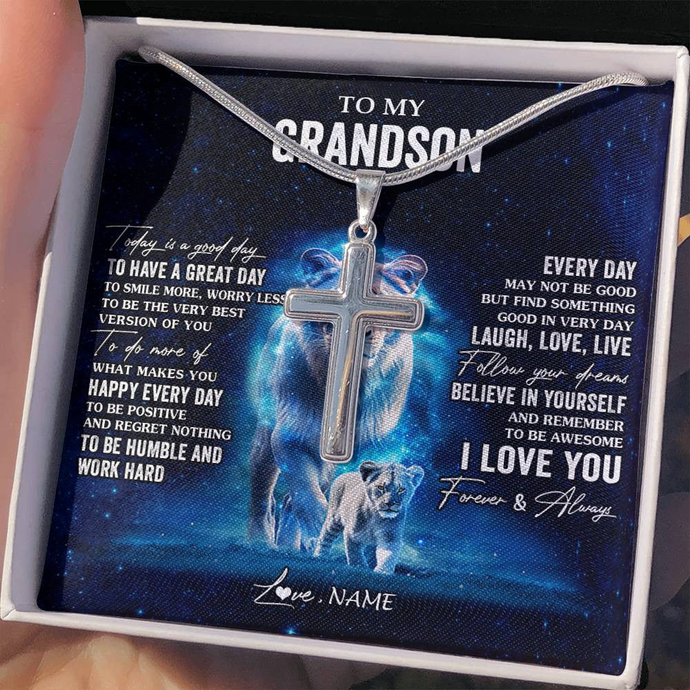 Stainless Cross Necklace Stainless Steel | 2 | Personalized To My Grandson Lion Necklace From Grandma Gigi Today Is A Good Day Grandson Gifts Birthday Graduation Christmas Customized Gift Box Message Card | teecentury