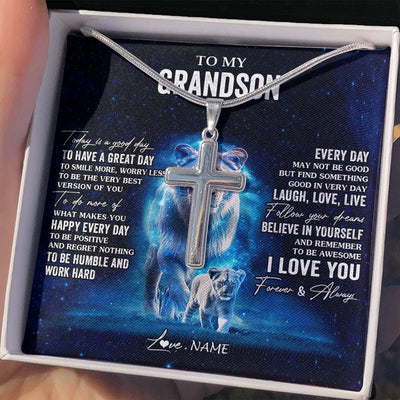 Stainless Cross Necklace Stainless Steel | 2 | Personalized To My Grandson Lion Necklace From Grandma Gigi Today Is A Good Day Grandson Gifts Birthday Graduation Christmas Customized Gift Box Message Card | teecentury