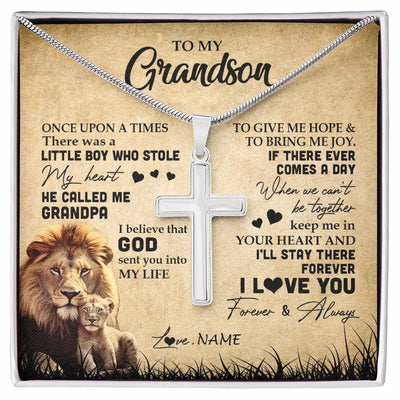 Stainless Cross Necklace | Personalized To My Grandson Lion Necklace From Grandpa I'll Stay There Forever Grandson Birthday Graduation Christmas Customized Gift Box Message Card | teecentury