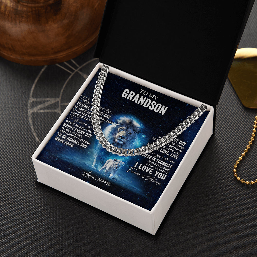 Cuban Link Chain Necklace Stainless Steel | 2 | Personalized To My Grandson Lion Necklace From Papa Grandpa Today Is A Good Day Grandson Gifts Birthday Graduation Christmas Customized Gift Box Message Card | teecentury