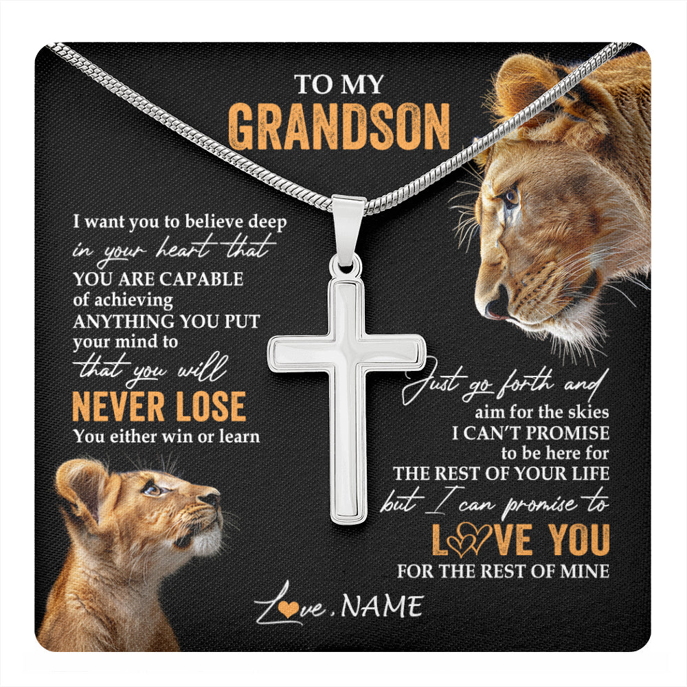 Stainless Cross Necklace Stainless Steel | 1 | Personalized To My Grandson Necklace From Grandma Gigi You Will Never Lose Lion Grandson Birthday Gifts Graduation Christmas Customized Gift Box Message Card | teecentury