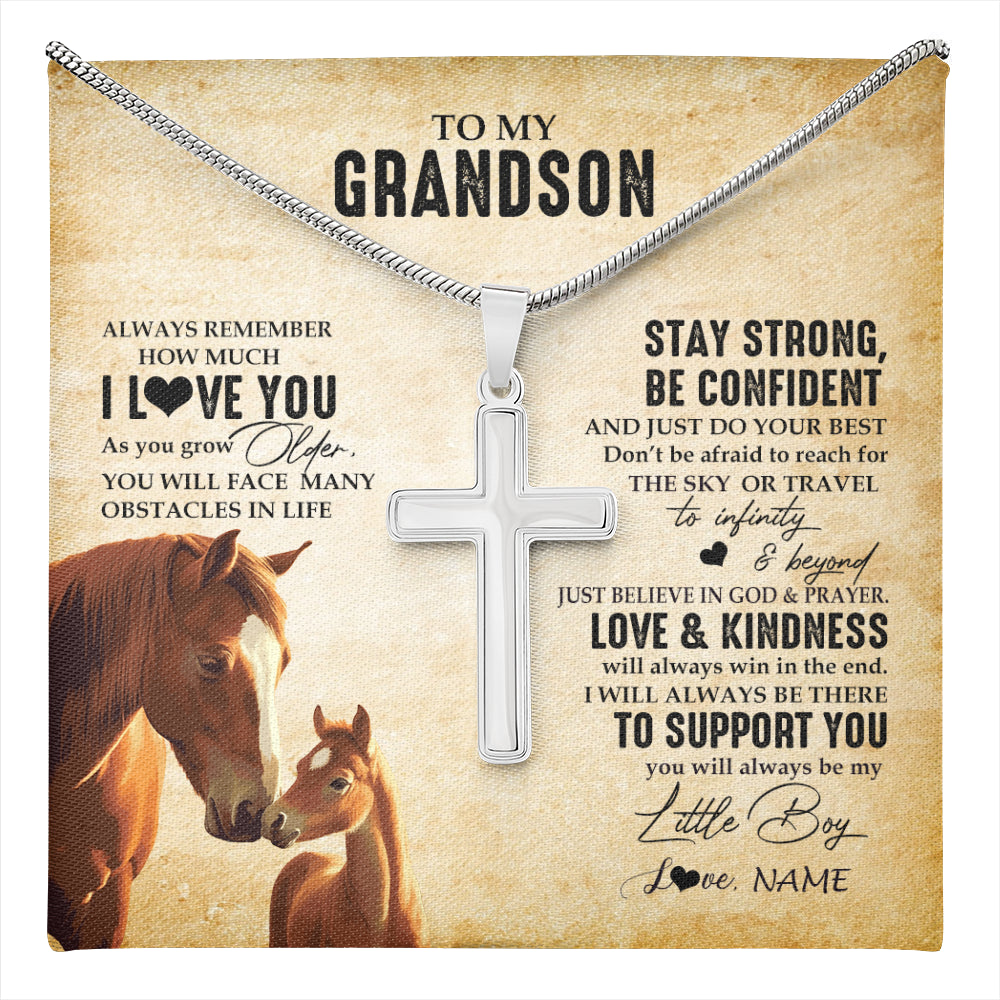 Stainless Cross Necklace Stainless Steel | 1 | Personalized To My Grandson Necklace From Grandma Grandpa Always Remember I Love You Horse Grandson Birthday Gifts Christmas Customized Gift Box Message Card | teecentury