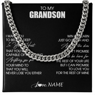 Cuban Link Chain Necklace Stainless Steel | 1 | Personalized To My Grandson Necklace From Grandma Grandpa Believe Deep In Your Heart Grandson Birthday Jewelry For Men Customized Gift Box Message Card | teecentury