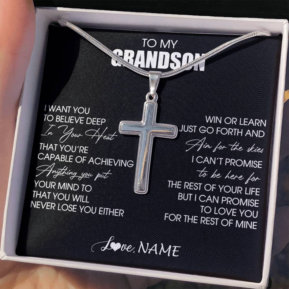 Stainless Cross Necklace Stainless Steel | 2 | Personalized To My Grandson Necklace From Grandma Grandpa Believe Deep In Your Heart Grandson Birthday Jewelry For Men Customized Gift Box Message Card | teecentury