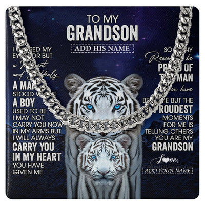 Cuban Link Chain Necklace Stainless Steel | 1 | Personalized To My Grandson Necklace From Grandma Grandpa I Close My Eyes White Tiger Grandson Birthday Gift Graduation Christmas Jewelry Gift Box Message Card | https://teecentury.