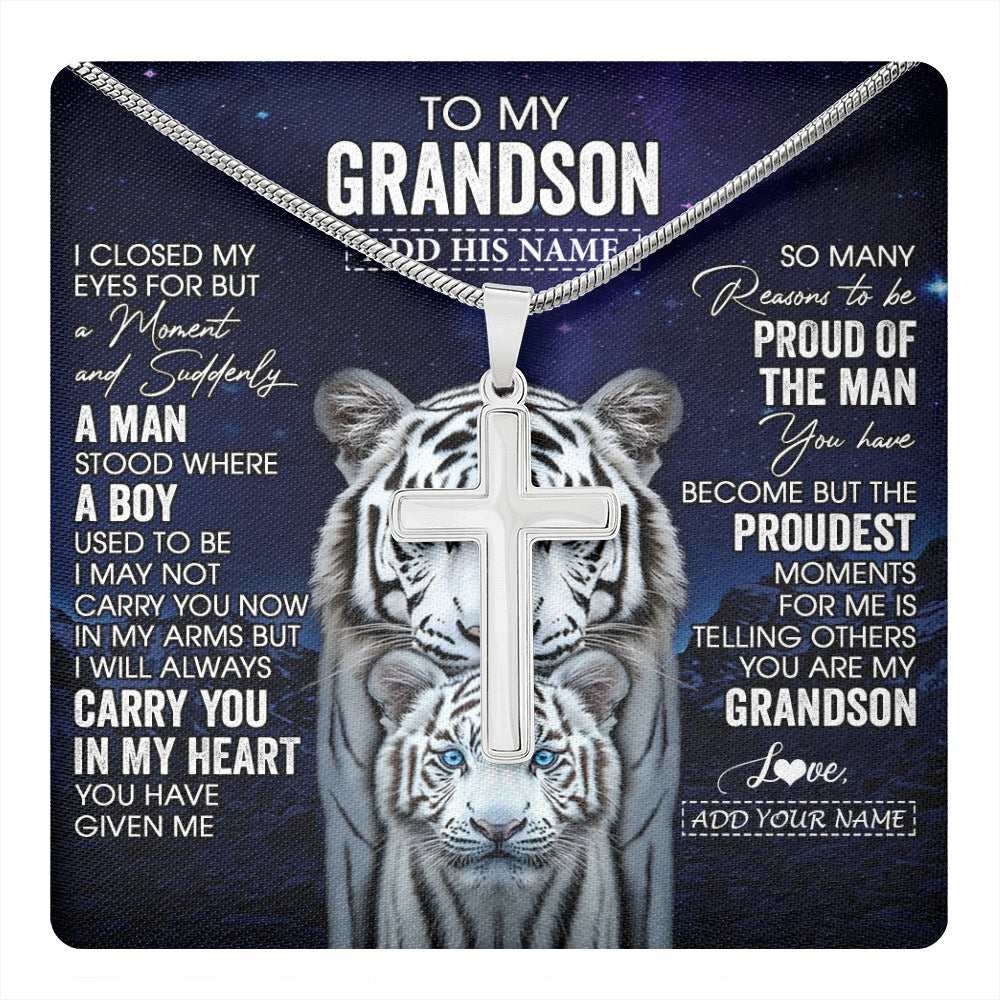 Stainless Cross Necklace Stainless Steel | 1 | Personalized To My Grandson Necklace From Grandma Grandpa I Close My Eyes White Tiger Grandson Birthday Gift Graduation Christmas Jewelry Gift Box Message Card | https://teecentury.