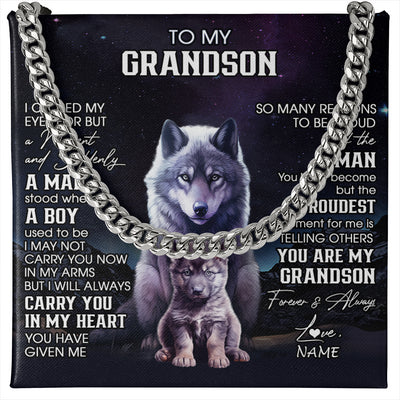 Cuban Link Chain Necklace Stainless Steel | 1 | Personalized To My Grandson Necklace From Grandma Grandpa I Close My Eyes Wolf Grandson Birthday Gifts Graduation Christmas Customized Gift Box Message Card | teecentury