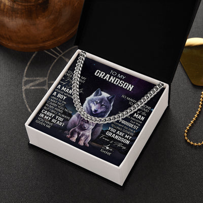 Cuban Link Chain Necklace Stainless Steel | 2 | Personalized To My Grandson Necklace From Grandma Grandpa I Close My Eyes Wolf Grandson Birthday Gifts Graduation Christmas Customized Gift Box Message Card | teecentury