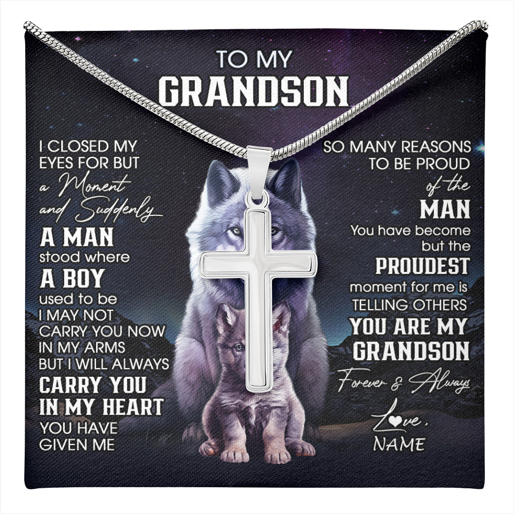 Stainless Cross Necklace Stainless Steel | 1 | Personalized To My Grandson Necklace From Grandma Grandpa I Close My Eyes Wolf Grandson Birthday Gifts Graduation Christmas Customized Gift Box Message Card | teecentury