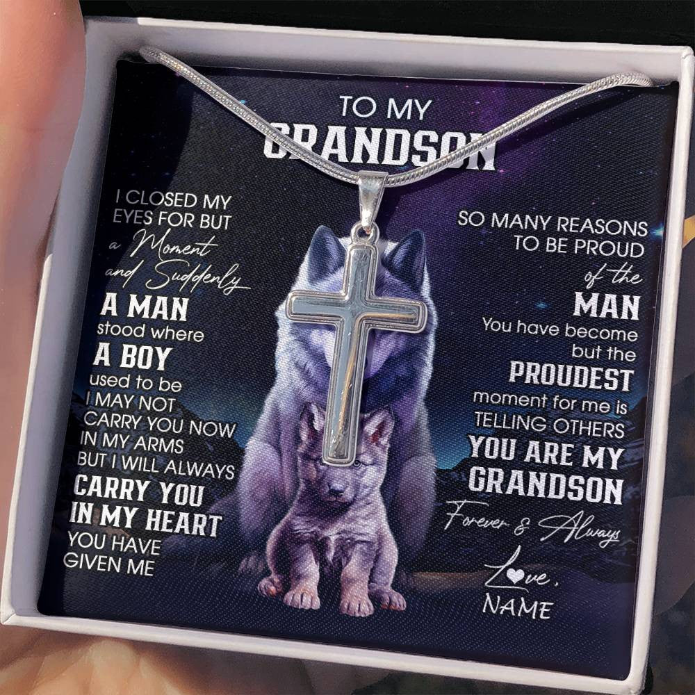 Stainless Cross Necklace Stainless Steel | 2 | Personalized To My Grandson Necklace From Grandma Grandpa I Close My Eyes Wolf Grandson Birthday Gifts Graduation Christmas Customized Gift Box Message Card | teecentury