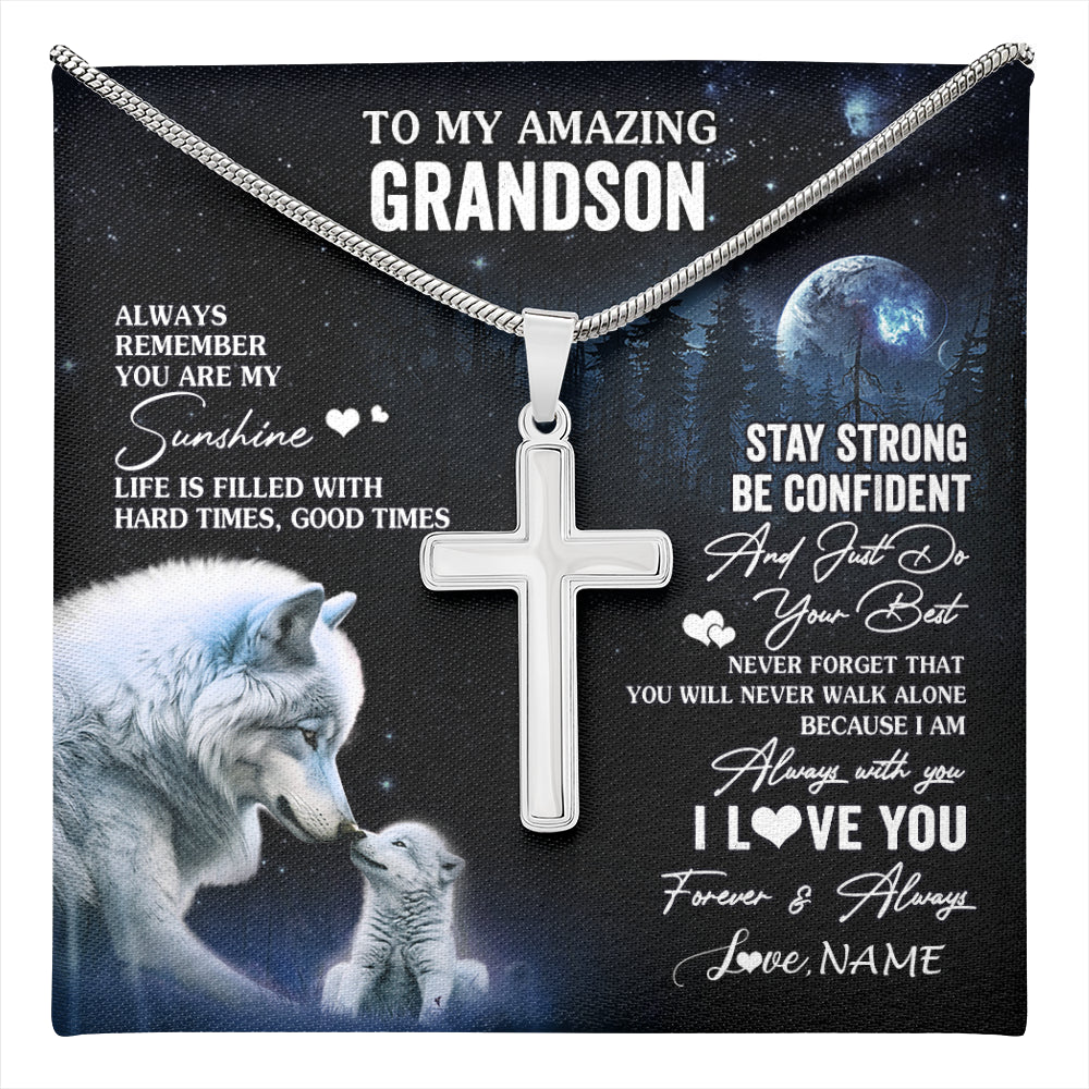 Stainless Cross Necklace Stainless Steel | 1 | Personalized To My Grandson Necklace From Grandma Grandpa Moon Wolf Grandson Birthday Gifts Graduation Christmas Customized Gift Box Message Card | teecentury