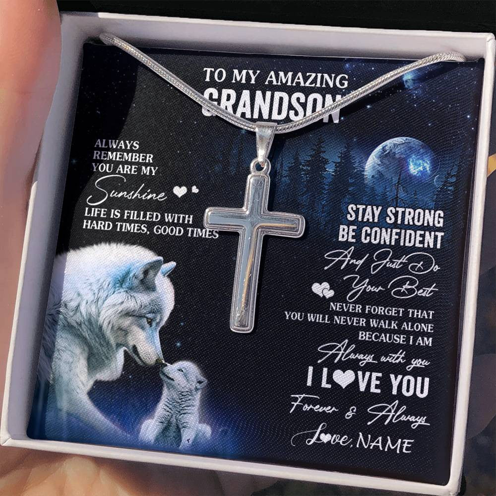 Stainless Cross Necklace Stainless Steel | 2 | Personalized To My Grandson Necklace From Grandma Grandpa Moon Wolf Grandson Birthday Gifts Graduation Christmas Customized Gift Box Message Card | teecentury