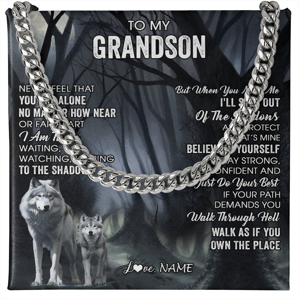 Cuban Link Chain Necklace Stainless Steel | 1 | Personalized To My Grandson Necklace From Grandma Grandpa Never Feel That You Are Alone Wolf Grandson Birthday Gifts Christmas Customized Gift Box Message Card | teecentury